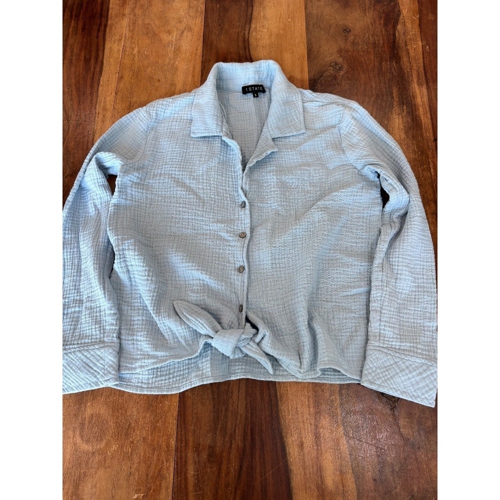 1 State Top blue Button Up Shirt Cotton Gauze Tie Waist Long Sleeve womens' sz S